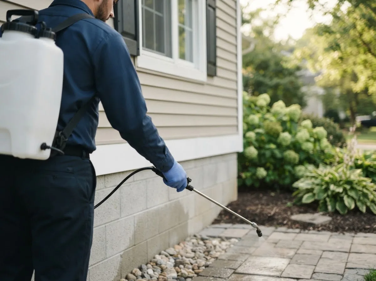 Pest control technician inspecting a home in Osceola, IA